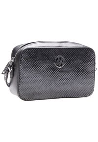 Black faux leather bag with a textured snakeskin pattern, rectangular shape, zip closure, and a circular logo on the front.