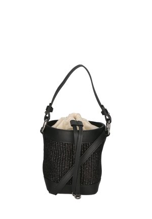 Borsa a secchiello nera in tessuto intrecciato con dettagli in pelle, chiusura a coulisse e tracolla regolabile. Interno con rivestimento morbido color crema.