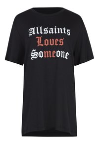 Černé bavlněné tričko s krátkými rukávy, na kterém je velký bílý a červený text: "Allsaints miluje někoho." Volný střih a hladká textura.