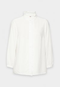 Camicia bianca con colletto alto e arricciato, chiusura a bottoni e maniche lunghe. Presenta una texture sottile e dettagli arricciati lungo la parte anteriore.
