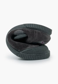 Pantofole nere con tomaia in morbido velluto, suola in gomma flessibile e presa testurizzata. Presentano un design arrotondato per un facile utilizzo.