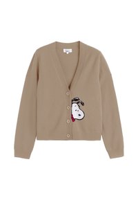Cardigan beige con scollo a V, bottoni frontali e un design ricamato di Snoopy. Realizzato in materiale morbido, presenta maniche lunghe e una vestibilità ampia.