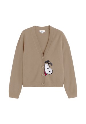 Beige cardigan met een V-hals, knopen aan de voorkant en een geborduurd Snoopy-ontwerp. Gemaakt van zacht materiaal, met lange mouwen en een ontspannen pasvorm.