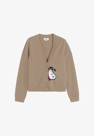 Cardigan beige con scollo a V, bottoni frontali e un design ricamato di Snoopy. Realizzato in materiale morbido, presenta maniche lunghe e una vestibilità ampia.