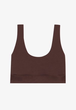 Rjav brezšivni modrček s širokimi naramnicami, vrezanim izrezom ter elastičnim dnom. Izdelan iz gladkega, raztegljivega materiala.