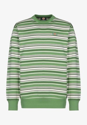 Maglione a righe verdi con righe bianche e nere alternate. Collo e polsini a costine. Piccolo patch con logo sul petto.