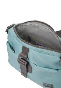 Un sac à bandoulière en nylon bleu clair avec un zip sur le dessus, quincaillerie grise et poches avant. L'intérieur est doublé d'un tissu gris avec une poche zippée.