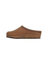 Sabot en cuir brun avec une semelle en liège à faible talon, détail de bord texturé et surface lisse. Dispose d'un bout rond et d'un design ouvert à l'arrière.