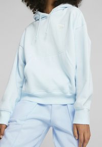 Lichtblauw hoodie met een kangoeroezak, relaxte pasvorm, trekkoordkap en geborduurd logo. Zacht materiaal met geribde boorden en zoom.