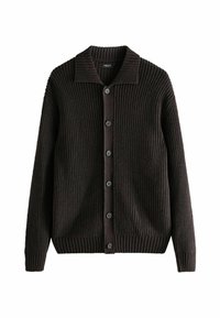 Cardigan côtelé marron foncé avec un col, cinq boutons sur le devant et un tissu en maille texturée. Manches longues avec des poignets côtelés.