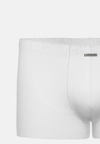 Boxer da uomo in cotone bianco con una morbida fascia in vita, dotati di cuciture piatte e di una piccola etichetta con il marchio sulla parte posteriore. Tessuto liscio e forma aderente.