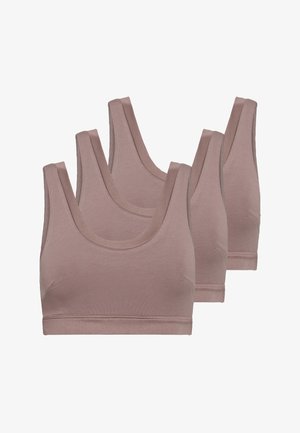 Pack of three light brown bralettes made of soft fabric, featuring a scoop neckline and wide straps for comfort. Seamless design.