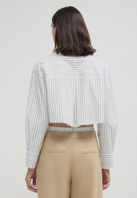 Camicia cropped bianca con righe verticali, dotata di maniche lunghe e orlo grezzo, abbinata a pantaloni beige. Vista posteriore piatta.