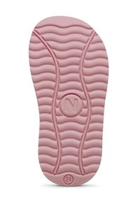 Suola di scarpa in gomma rosa con motivo a zigzag, logo circolare con "N" e indicatore di taglia "24" impresso vicino alla parte inferiore.