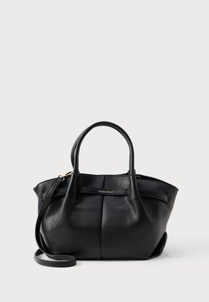 Melnas ādas rokassomiņa ar īsiem rokturiem, noņemamu plecu siksnu un zelta logotipa akcentu. Iezīme strukturēta forma un gluda tekstūra.