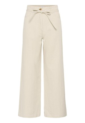 Kremowe spodnie o wysokim stanie i szerokich nogawkach z subtelnymi pionowymi paskami, z przodu zapinane na guziki i wiązane paskiem, wyposażone w boczne i tylne kieszenie.