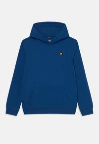 Sudadera con capucha azul, con bolsillo tipo canguro en la parte delantera y pequeño logo de un pájaro amarillo en el lado izquierdo del pecho, presentada sobre un fondo liso.