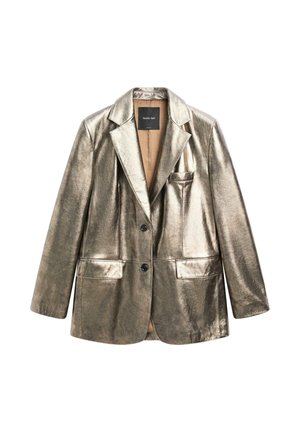 Metaliczna srebrna marynarka o strukturalnym kroju, z klapami z nacięciami, dwoma przednimi kieszeniami oraz pojedynczym zapięciem na guzik. Gładka faktura, dopasowany krój.