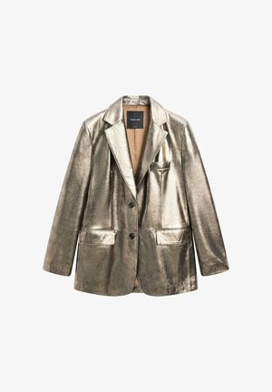 Metaliczna srebrna marynarka o strukturalnym kroju, z klapami z nacięciami, dwoma przednimi kieszeniami oraz pojedynczym zapięciem na guzik. Gładka faktura, dopasowany krój.