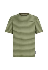 Olive green short-sleeve t-shirt with thin horizontal stripes and a crew neckline. Features a subtle logo on the chest and side tag.