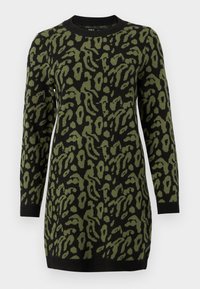 Gebreide jurk met lange mouwen met zwart en olijfgroene luipaardprint en geribde manchetten en zoom.