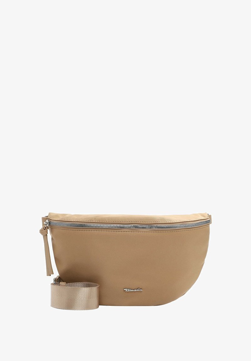 Krémová nylonová crossbody taška zaobleného tvaru, s horním zipovým uzávěrem a odnímatelným popruhem. Na boku se nachází malé logo.