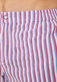 Gestreifte Schwimmshorts in Rot, Hellblau und Weiß. Mit Knopfverschluss und elastischem Bund, der durchgehend wellenförmige vertikale Streifen hat.