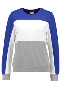 Färgblockerad sweatshirt med blå, vit och grå paneler, med rundad halsringning och ribbade ärmslut. Tillverkad av mjukt, bekvämt material.