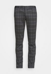 Pantalones de cuadros grises hechos de tela, con un diseño ajustado, textura sutil y un solo botón de cierre en la cintura.