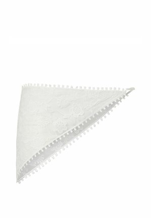 Witte driehoekige kanten bandana met bloemrijke borduursels en kleine pomponborduur langs de randen.