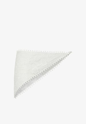Bandana triangulaire en dentelle blanche avec broderie florale et petite bordure à pompons le long des bords.
