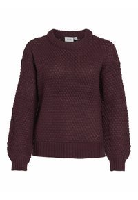 Burgundy stickad tröja med ett strukturerat stickmönster, ribbade ärmslut och nederkant, rund hals och något oversized passform.