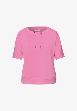 Lyserød sweatshirt med korte ærmer, rund halsudskæring og snoretræk, designet til afslappet brug.