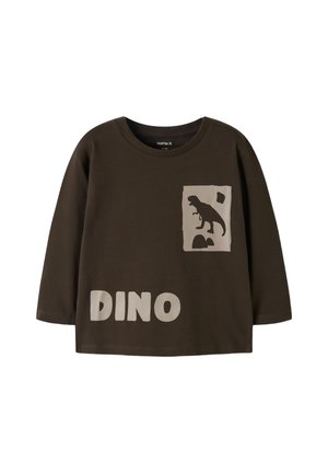 Chemise enfant à manches longues marron foncé avec un motif dinosaure T-Rex et le mot "DINO" en beige clair sur le devant.