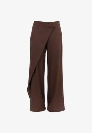 Brune bredbenede bukser med en omslag design, lavet af et glat, letvægtsstof. Har en plisseret talje og en svævende silhuet.