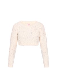 Gekürzter cremefarbener Pullover mit einem strukturierten Strickmuster, V-Ausschnitt und langen Ärmeln. Bunte Sprenkel sind durchgehend vorhanden.