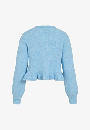 Jasnoniebieski krótki sweter z długimi rękawami, z prążkowanym wykończeniem u dołu, miękką fakturą i delikatnym falbankowym detalem na dole.