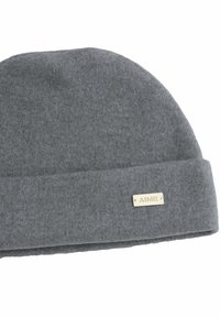 Berretto grigio in feltro con risvolto e etichetta metallica dorata con la scritta "AIME". Texture morbida e cima arrotondata per il calore.