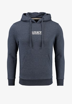 Navyblauer Hoodie aus weichem Material, mit einer Kängurutasche, Kapuze mit Kordelzug und einem weißen gedruckten Logo auf der Brust.