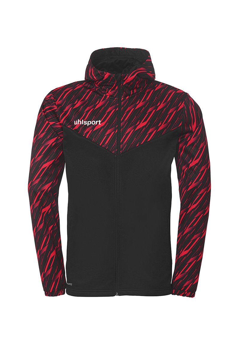 Zwarte jas met een abstract ro dialect en zwart patroon op de mouwen en het bovenste deel van de borst. Beschikt over een rits aan de voorkant en een capuchon. Lichtgewicht ontwerp.