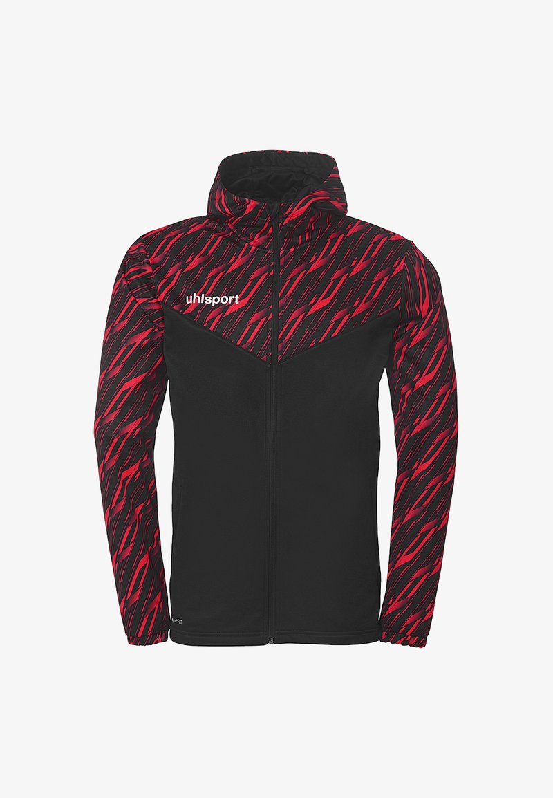 Veste noire avec un motif abstrait rouge et noir sur les manches et le haut de la poitrine. Comprend une fermeture éclair à l'avant et une capuche. Conception légère.