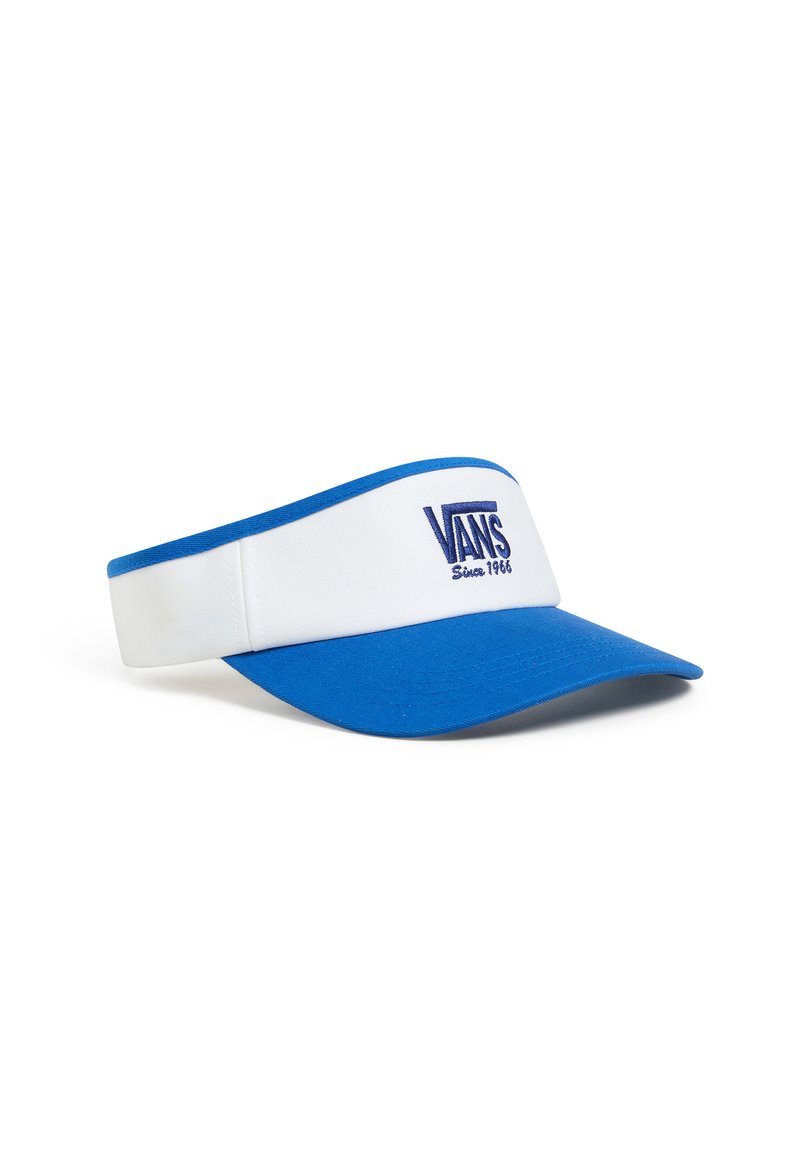 Visera azul y blanca con ala ancha y banda elástica. Cuenta con el logo de "VANS" en azul en la parte frontal. Fabricada con un tejido duradero.
