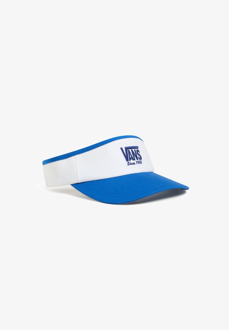 Blå og hvid skygge med bred skygge og elastisk bånd. Har "VANS" logo i blå på forsiden. Lavet af holdbart stof.