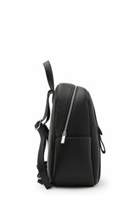 Black leather backpack with a textured finish, featuring a top zipper, side pocket, and adjustable straps for comfort.