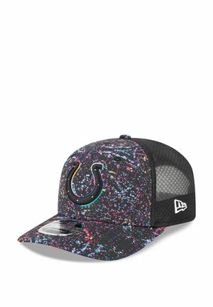 Black cap with colorful splatter design, featuring a prominent embroidered logo, mesh back, and curved visor.