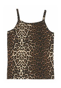 Leopardo rašto topas su plonais dirželiais yra rudų, juodų ir kreminių spalvų, pagamintas iš minkštos, elastingos medžiagos.
