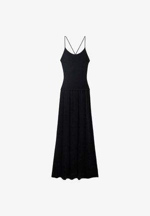 Schwarzes Kleid mit einem taillierten Oberteil und einem voluminösen, schwingenden Rock. Verfügt über dünne, verstellbare Spaghettiträger für ein minimalistisches Design.