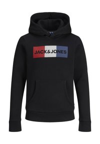Felpa nera con cappuccio, dotata di tasca a marsupio, polsini e orlo a costine. Il design frontale presenta "JACK & JONES" in un blocco rosso, bianco e blu.