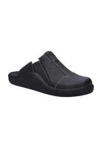 Black leather slip-on shoe with a textured finish, elastic side panels, and stitched accents on a flexible sole. Features a contoured shape.