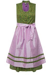 Groene gedessineerde jurk met een paarse halslijn, een roze satijnen rok en een bijpassende tailleband. Heeft bloemaccenten en gestreepte afwerking.